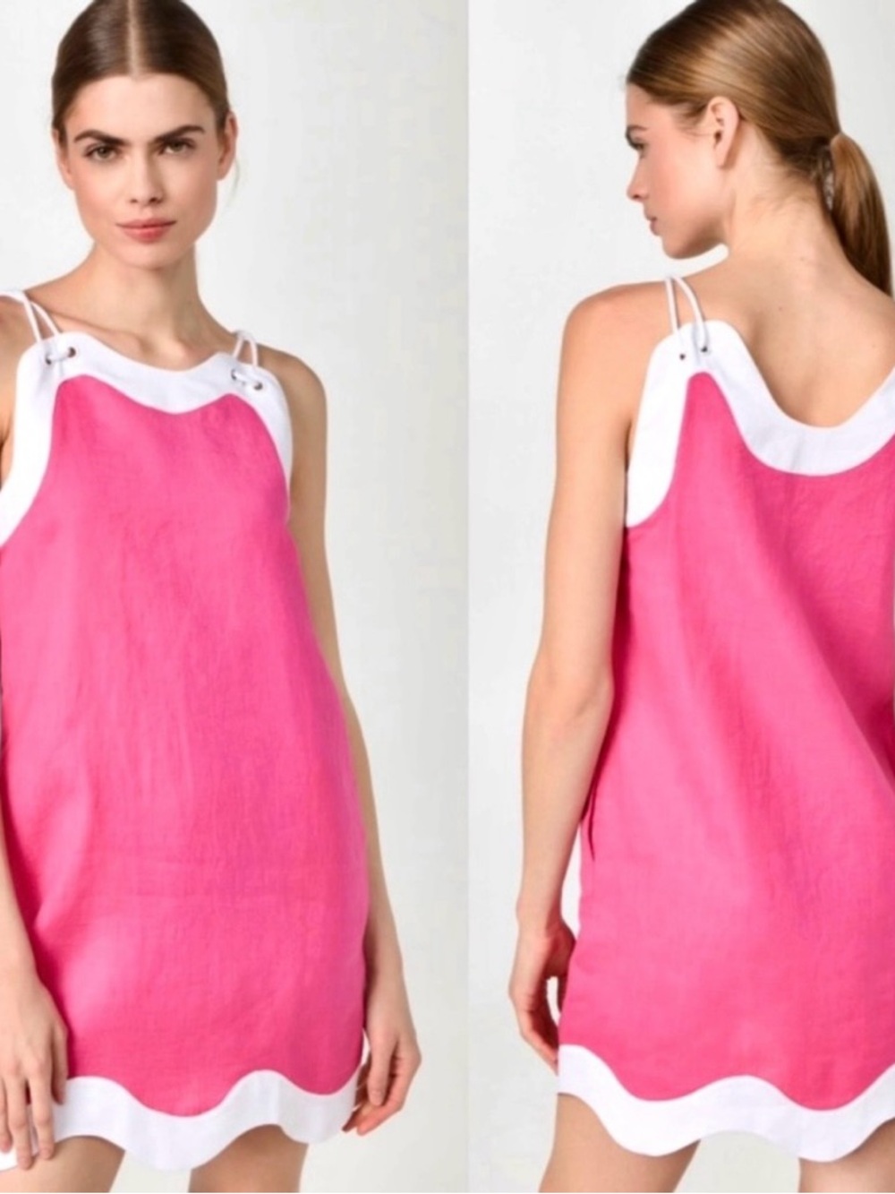 Staud Renata Scalloped Linen Pink and White Tank Mini Dress size XS